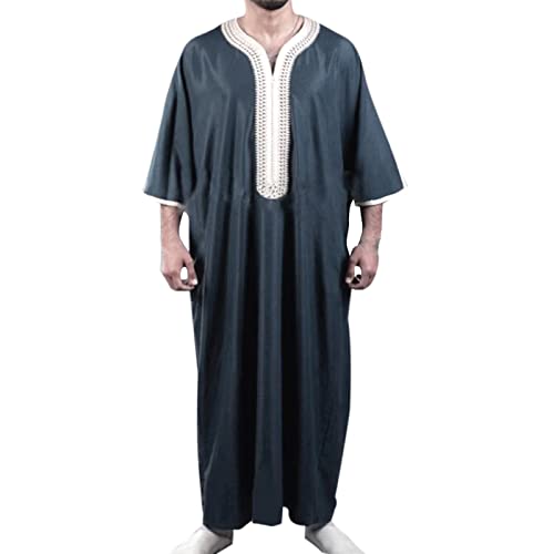 Risaho Herren Kaftan Thobe Langarm Roben mit Stehkragen Muslimisches Kleid Kaftan Gewand Arabisch Gebet Eid Kleidung (Z5-Navy, XXXL)