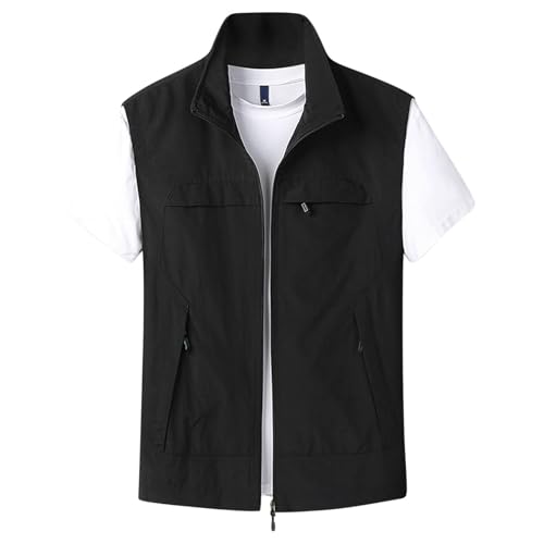NARUPE Leichte Softshell-Weste für Herren, durchgehender Reißverschluss, schnell trocknend, Outdoor, Wandern, Freizeit, mehrere Taschen, Angeln, ärmellose Jacke, Schwarz , L