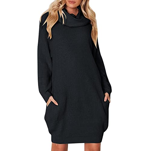 Strickkleid Damen Rollkragen Pullikleid Langarm Pulloverkleid mit Taschen Minikleid Freizeit Winterkleid Loose Knitted Dress Midikleid Weich Midikleid für Winter Langarmkleid