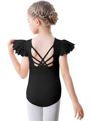 Aiseyi Ballettkleidung Mädchen Ballett Trikot Kinder Rüsche Kurzarm Turnanzug Baumwolle TanzBody Ballettanzug mit Kreuzrücken Schwarz 130