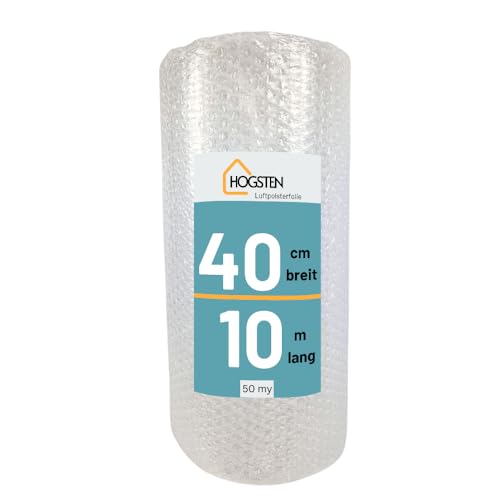 HOGSTEN Luftpolsterfolie Rolle 10m x 40cm - Noppenfolie für Versand, Verpackung und Umzug -100% recycelbar - Bubble Wrap Polstermaterial Verpackungsmaterial 50my (0,4m x 10m)