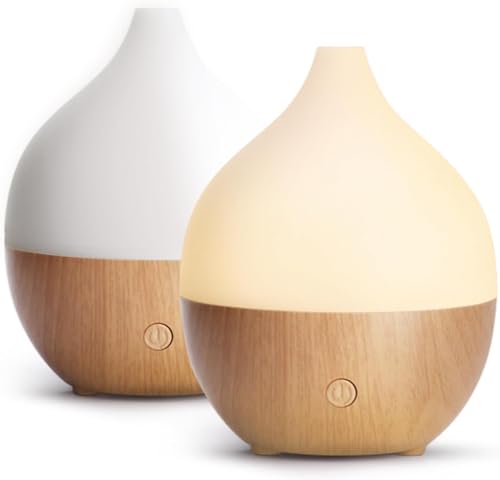 SALKING Aroma Diffuser, 100ml Kleiner Ultraschall Aromatherapie Diffusor für ätherische Öle, mit automatischer Abschaltfunktion, Warmweiß Licht Weiß Holzmaserung Diffusor für Zuhause Büro, 2er-Pack