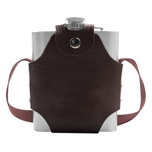 UZSUZZ Edelstahl Flachmann 532 ml/18oz XL Flachmann Set aus Edelstahl mit Braun Kunstledertasche mit Riemen für Whiskey, Rum, Wodka, Geeignet für Wandern und Party (1)