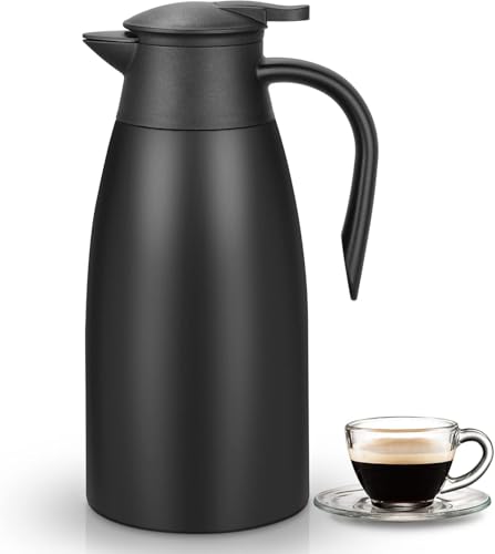 Wylnsie 2 Liter Edelstahl Isolierkanne, Doppelwandige Vakuum Tee- und Kaffeekanne, Hitze- und Kälteisolierung, Perfekt für Zuhause, Büro oder Outdoor (Schwarz)
