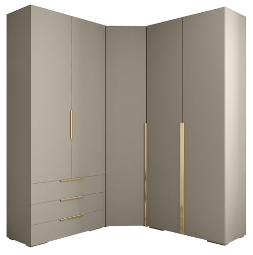 MEBLE KRYSPOL Inova 1 Möbelset - Moderne Garderobe - für Schlafzimmer, Wohnzimmer, Flur, Kinderzimmer - Ankleidemöbel - 236,7x281,7x47cm - Kaschmir, Handgriff Gold