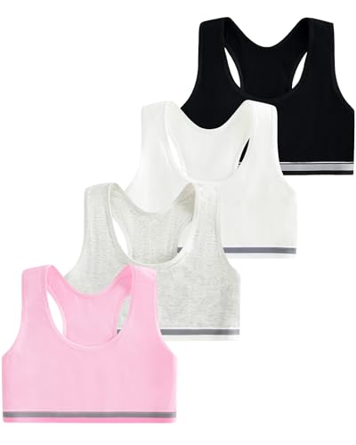 Domee Mädchen BHS Sport Bustier Baumwolle für 6-12 Jahre 4er-Pack Schwarz+Weiß+Grau+Rosa 10-12 Jahre (Herstellergröße L)