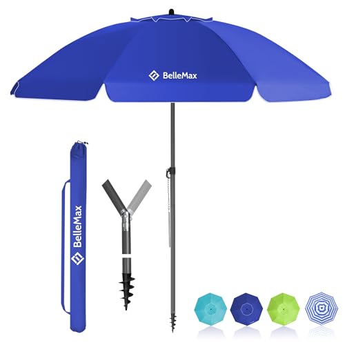 BelleMax Sonnenschirm Strand Windfest Stabil Ø180 cm Blau Sonnenschirm mit Bodenhülse & Schutzhülle 30° knickbar Sonnenschirm klein Rund Strandschirm Gartenschirm Marktschirm Sonnenschutz UV50+