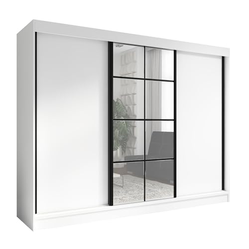 A&J MöbelLand Schwebetürenschrank ORAVELLE Kleiderschrank 3-türig mit Schubladen, und Spiegel, Garderobe 200 cm (Weiß)