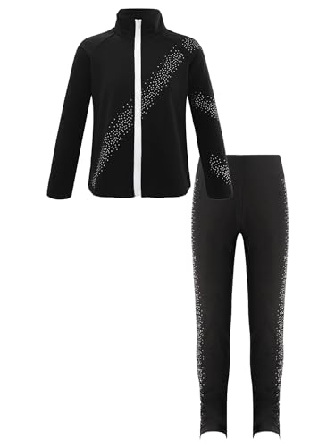 Kaerm Eiskunstlauf Kleidung Training Kinder Mädchen Langarm Sweatjacke Strass Glitzer Sportjacke Mit Gymnastikhose Lang Trainingshose Sportswear Schwarz G 134-140