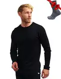 100% Merino Unterwäsche Herren - Merino Langarmshirt Herren Atmungsaktiv Und Feuchtigkeitsableitend Mittel + Wollsocken (X-Large, Black 250)