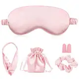 5 Stück Schlafmaske Set, Schlafbrille Damen, Seiden Augenmaske, Lichtblockierende Schlafbrille, Ohrstöpseln, Scrunchie, Haarband und Aufbewahrungstasche für Pause Reise Schlafen(Rosa)