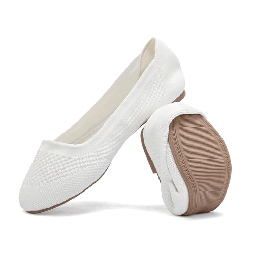 Jifenkla Ballerinas Damen Flache Atmungsaktive Schuhe Knit Kleid Runde Zehe Loafer Slip On Walking Ballerina Sommerschuhe Niedriger Weich, Weiß, EU 39.5