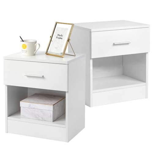 LEADZM Nachttisch 2er Set Nachtschrank Schlichter Beistelltisch Kommode mit offenem Fach und 1 Schublade für Schlafzimmer, Wohnzimmer Weiß