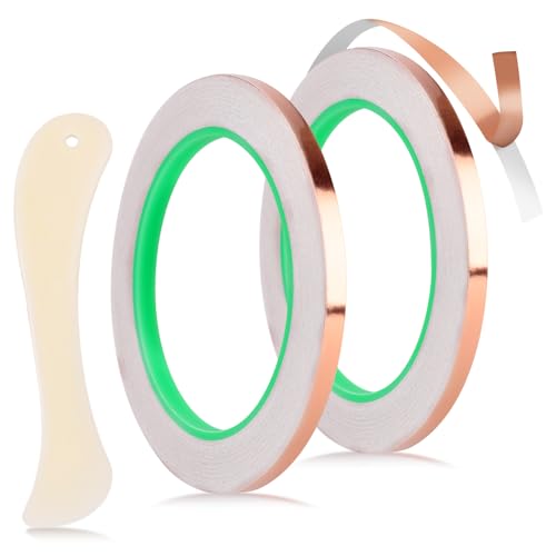 NQEUEPN 2stk Kupferfolienband-Set für Buntglas, 5mm x 20m Doppelseitiges Leitfähiges Klebeband mit Kunststoffschaber Zubehör für EMI-Abschirmung Elektrische Reparatur Gitarrendämpfung