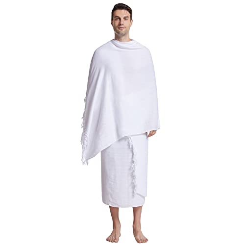 Muslimischer Pilgerschal für Herren, Hajj-Kleidung, Strickjacke, Hose, einfarbig, 2er-Set, Smoking-Kostüm, weiß, Einheitsgröße