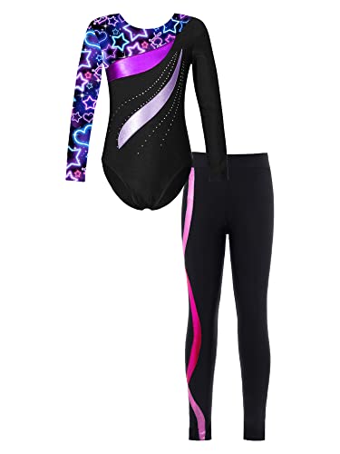 iEFiEL Mädchen Turnanzug Glitzer Gymnastik Leotard Langarm Akrobatik Anzug Tanzkostüme Turnbody Jumpsuit mit Sport Leggings Zb Star Schwarz und Hot Rosa 134-140