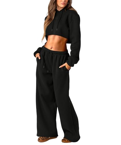 Navneet Jogginganzug Damen Trainingsanzug Lounge Set Oversize Zweiteiler Lang Jogginghose Baggy Hoodie Outfit Set Schwarz L