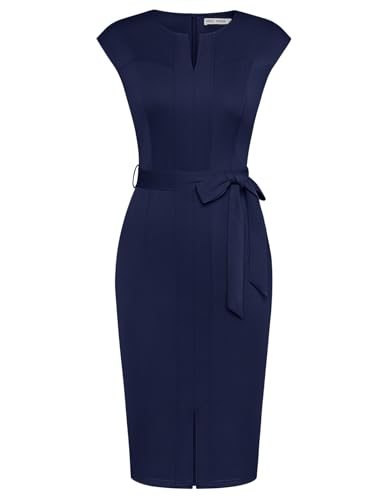GRACE KARIN Damen Bleistiftkleid Bodycon Etuikleid mit Schlitz Business-Kleid Marine Blau M
