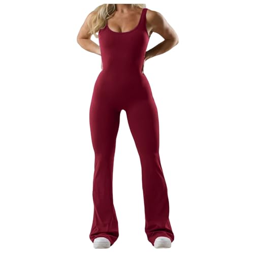 RUMAOZIA Damen Sport Jumpsuit Flared Eng Scrunch Butt Bodysuit Lang Yoga Ärmellos Overall Gym Workout Bodycon Stretch Romper Hosenanzug Einteiler Ganzkörperanzug Rückenfrei Sexy Playsuits