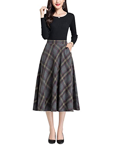 Rock Lange Damen Winter Hohe Taille Plaid Elegant Elastische Taille Warm Casual Party Midi A-Linie röcke Retro Faltenrock Braun -L