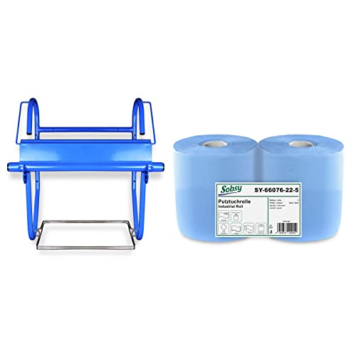 Hypafol 2 x Blaue saugstarke Papierrolle mit Wandhalter inkl. Müllsackhalterung | 1000 Blatt, 22 x 36 cm, perforiert | Putzrollenhalter für Werkstatt, Industrie und Garage, (HY-88524+6607622-5)