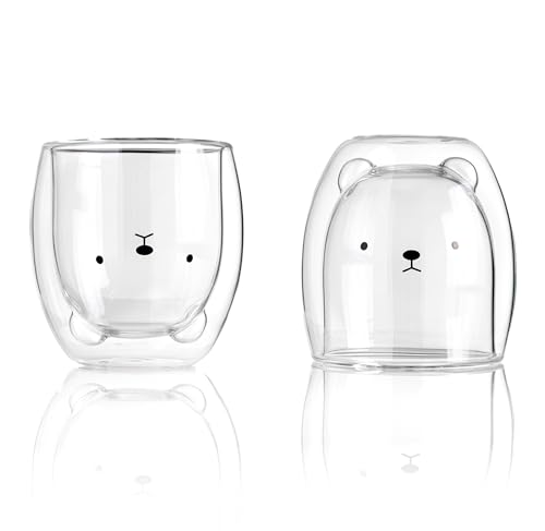 Doppelwandiges Glas Süße 1x Stück Tassen 250ml Kakao Kaffeegläser Teegläser Trinkgläser Isoliergläser Thermogläser Tasse Geschenk (Bär)