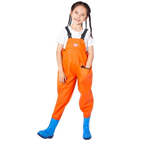 Kinderwathose Wathose für Kinder mit Stiefeln 2025 Junge Mädchen Angelhose mit Tasche wasserdichte Atmungsaktive Kinderwathose Hosen-träger Matschhose Outdoor-Regenhose (B-Orange, 2-3 Years)