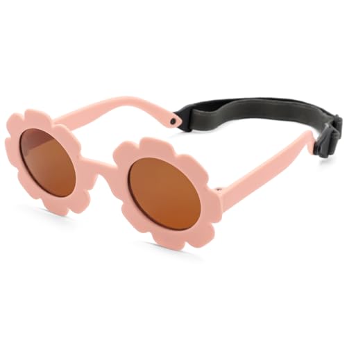 LOJUDI Sonnenbrille Baby Polarisierte mit Riemen Verstellbar Blume Silikonrahmen Baby Sonnenbrille UV400 Schutz für 0-24 Monate-Rosa/Braun