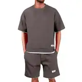 Generisch Waffle Trainingsanzug Herren Jogginganzug Sommer Kurz Freizeitanzug Kurzarm Tshirt + Kurze Jogginghose Sets 2 Teiliges Casual Sommeranzug Fitness Sportanzug Y2K Tracksuit für Männer