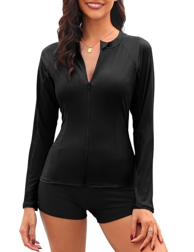 Tuopuda UV Shirt Damen Schwimmshirt Langarm Rash Guard mit Zip UPF 50+ UV Schutz Rashguards Badeshirt Langarmshirts Sportshirt für Wasser Strand Surfen Schwimmen S-XXL, Schwarz, L