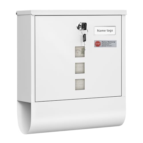 WOLTU Briefkasten mit Zeitungsfach Sichtfenstern, Postkasten mit Namensschild personalisiert, Wandbriefkasten abschließbar, inkl. 2 Schlüssel, modern, Weiß, 33,5 x 30 x 9,5 cm