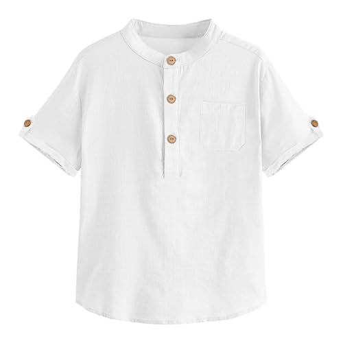 Haloumoning Jungen Kurzarm Hemden Henley Shirt Button Up Baumwolle Oberteile Casual Hemd mit Brusttasche Weiß 140
