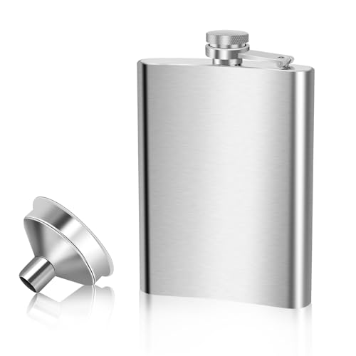 VFANDV Flachmann Edelstahl 1 Stück, 8oz/220 ml Flachmann mit Trichter Set Tragbare Flachmänner Klein Auslaufsicher Hip Flask für Whiskey Rum Wodka Geeignet für Wandern und Party