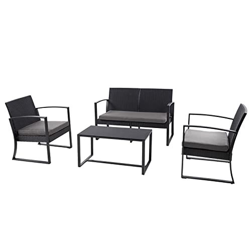 SVITA LOIS XL Poly Rattan Sitzgruppe Gartenmöbel Metall-Garnitur Balkonmöbel Tisch Sessel (Schwarz/Grau)