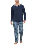 Litherday Schlafanzug Herren Lang Winter Baumwolle Zweiteiliger Nachtwäsche Set Männer Lang Rundhals mit Kariert Pyjamahose