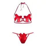 HOTSO Damen Fliege Dessous-Set Sexy Spitze BH Sexy Strapse 2-teilig BH bestickt nach oben für Damen und G-String Höschen Babydoll, rot, One size