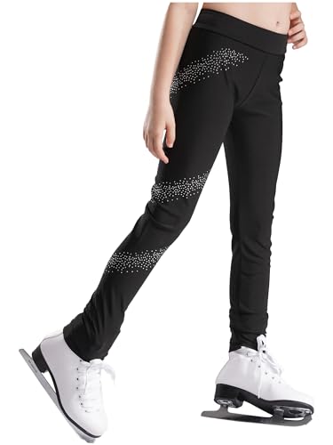 inhzoy Kinder Mädchen Eiskunstlauf Leggings Hose Mit Glitzer Strasse Stretch Sportleggins Turnhose Gymnastik Tanz Strumpfhose Schwarz 134-140