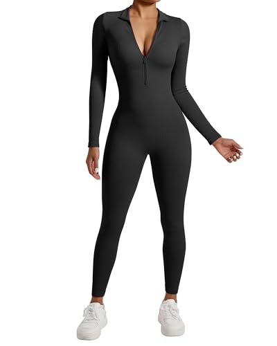 RXRXCOCO Gerippte Langarm Jumpsuits Damen mit Reißverschluss Eng Rundhalsausschnitt Einteiler Bauchweg Sport Yoga Overall Romper Schwarz M