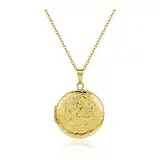 Zysta Vintage Charms Medaillon Kette für Foto Bilder, Silber Rund/Herz Anhänger zum Öffnen mit Blumen Muster Herzanhänger Amulett für Damen Mädchen (Gold- Rund Anhänger)