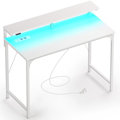 Rolanstar Schreibtisch mit LED, Steckdosen, Computertisch mit Monitorablage, Eckschreibtisch für Schlafzimmer Arbeitszimmer Büro, perfekt für Studenten Kinder Erwachsene, Weiß, 100 cm