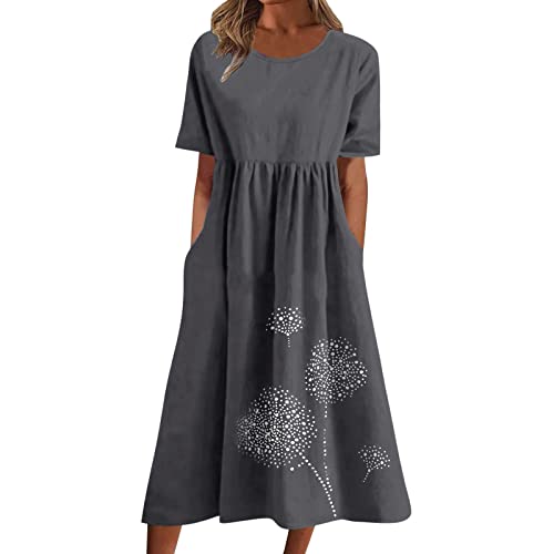 Sommerkleider Damen Casual Lockere Kleider Kurzarm Freizeit Leicht Strandkleid Mode Bedruck Boho Strand Damenkleider Sommer Elegante Frauen Freizeitkleider Midi Lang Lässiges Midikleid (Grau-1, S)