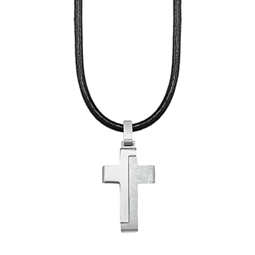 s.Oliver Kette mit Anhänger Edelstahl Leder Jungen Kinder Halsschmuck, 40+3 cm, Schwarz, Kreuz, Kommt in Schmuck Geschenk Box, 2024225