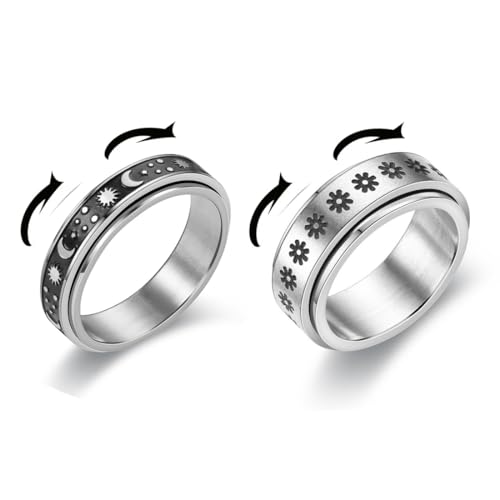 ZOKJSW 2 Stück Spinner Ring Set für Damen Herren Hypoallergen Drehbarer Edelstahl Ring Blume Moon Star Spinner Ringe Zappel Band Ringe für Frauen Männer Größe 56MM