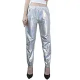 NewL Damen Metallic Glänzend Jogger Casual Holographische Farbe Streetwear Hose Hip Hop Mode Glatte Elastische Hose, Silber, M