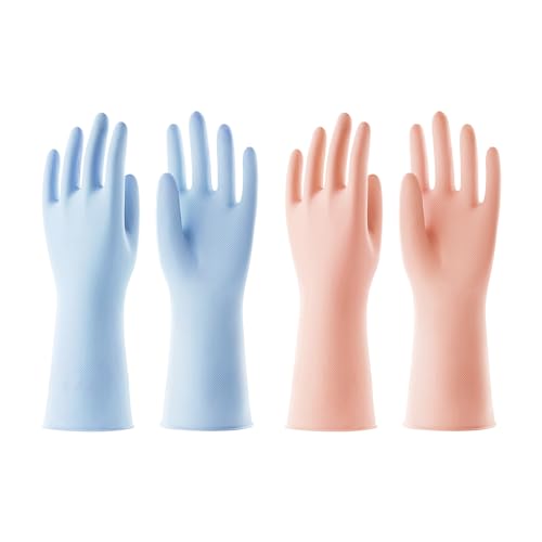 COOLJOB Wiederverwendbare Haushaltshandschuhe, 2 Paar Gummihandschuhe mit rutschfestem Griff, wasserdicht für Küche, Spülen, Putzen, Langarm, Orange & Blau, Größe S