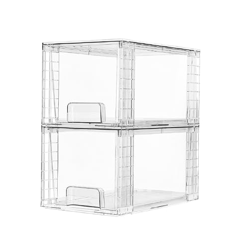 Vtopmart 2er-Pack große stapelbare Aufbewahrungsschubladen, transparente Acryl-Schubladenorganisatoren mit Griffen, einfach zusammenzubauen für Badezimmer, Küchen, Schrank, Make-up