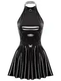 Linjinx Damen Lack Leder Kleid Wetlook Glänzend Kleid Neckholder Minikleid Rückenfrei Faltenkleid Kurz Eng Wickelkleid Gogo Kleid Clubwear Schwarz 4XL