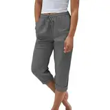 Nuoke Kurze Hose Damen, Sommerhose Damen Leicht Sommer Leinen Shorts 2025 Musselin Kurze Hose Beach Hosen Mit Taschen Stoffhose Kleid Stretch Gerades Bein Kordelzug Leinenhose Bluse, dunkelgrau S