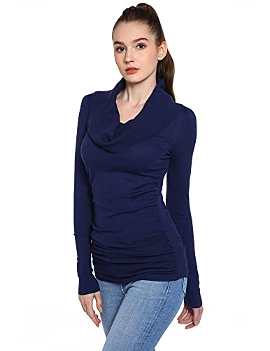 AmélieBoutik Damen Pullover mit Wasserfallausschnitt, langärmelig, gerüscht, Seiten, marineblau, X-Groß