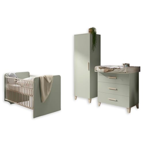 PRIZZI Babyzimmer Komplett-Set in Pastellgrün / Aurum Optik - Babyzimmer Möbel-Set 3-teilig bestehend aus Kleiderschrank, Babybett & Wickelkommode